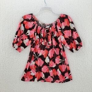 Vtg Judy Knapp Floral Top Blouse sz L California Orange Pink Stretch Y2K Autumn
